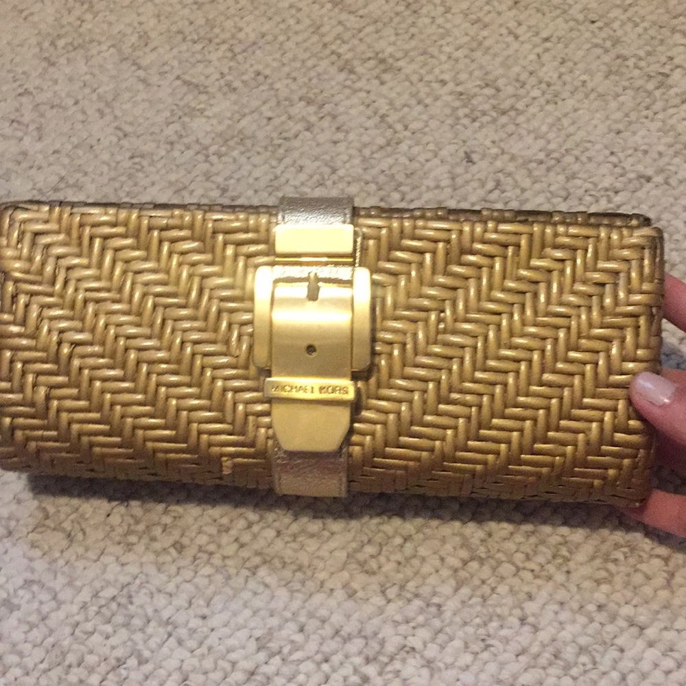 Michael Kors gold woven wood clutch